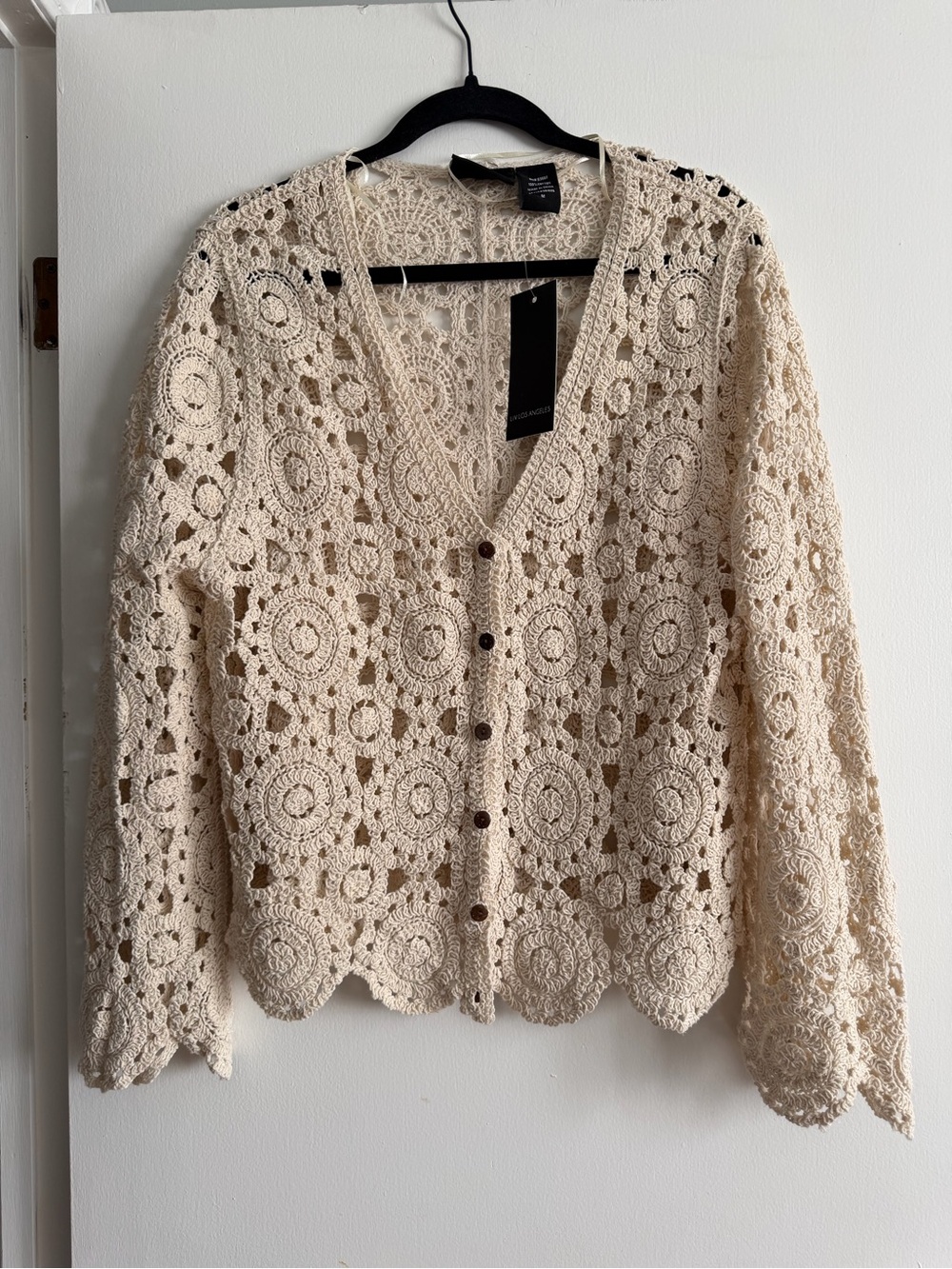 Openwork Crochet Button-Front Cardigan - Cream